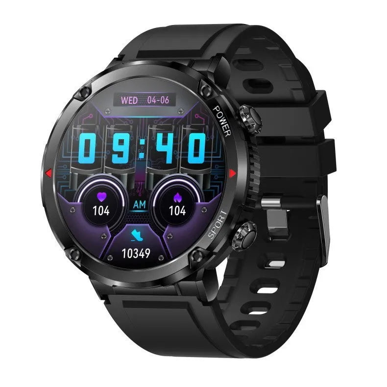 T30 smart watch with a black silicone strap on a wrist, showing a home screen with time and health metrics.