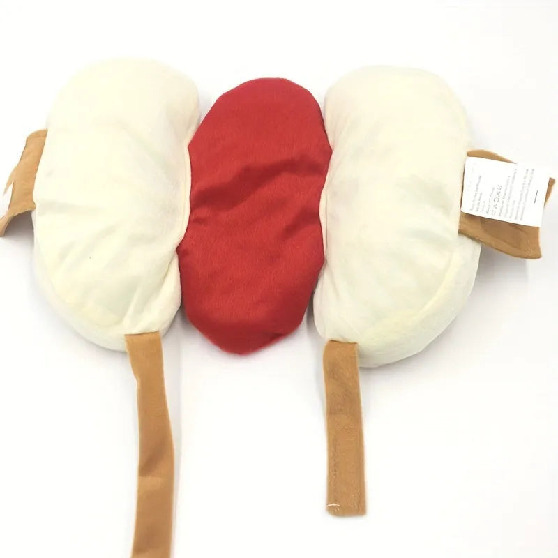 Brown and beige hot dog costume suit on a small dog for winter and parties.