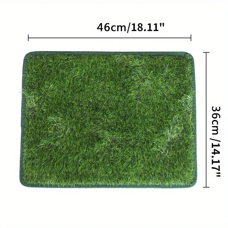 Artificial grass dog toilet training mat on floor with measurement showing 46x36cm size