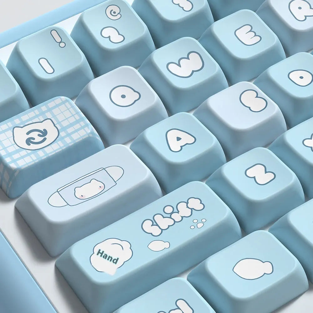 Custom watercolour kitten design keycap set for mechanical keyboards with opaque legends in boxed packaging