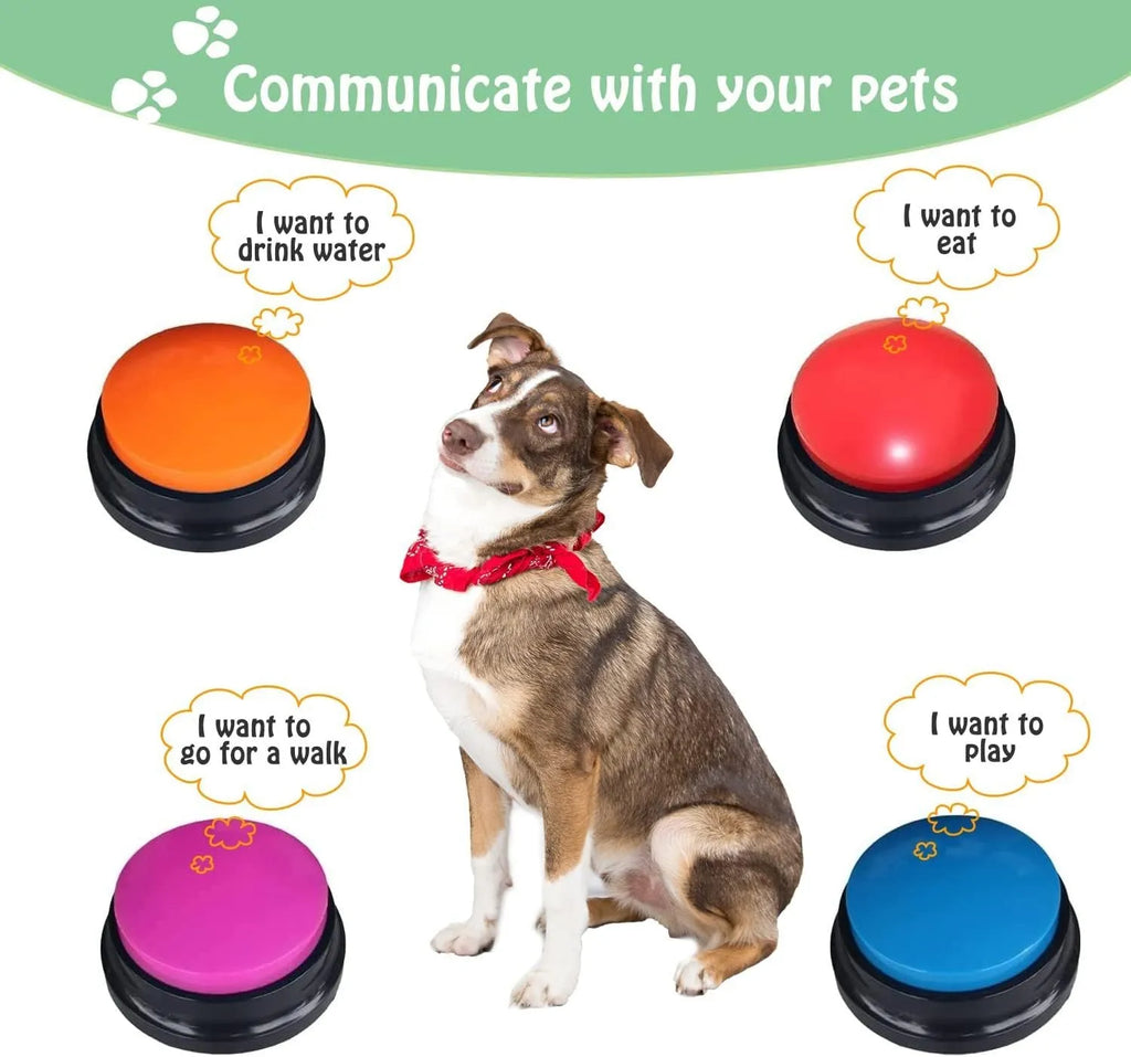 Voice recording button for pet training in blue, green, orange, purple, or red with 30-second playback function