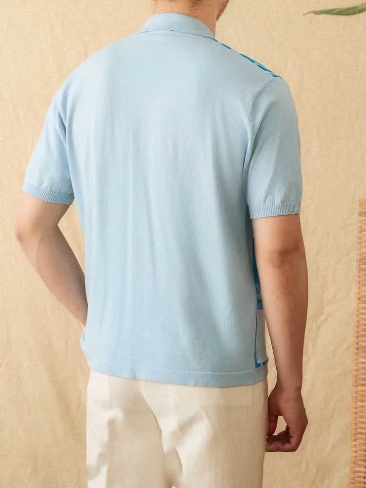 Striped cotton knitted cardigan polo shirt with short sleeves and lapel collar