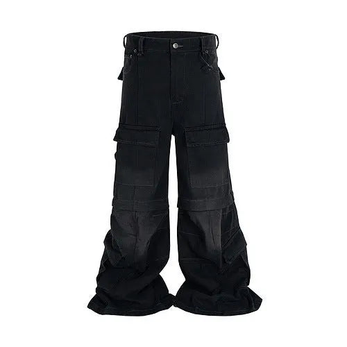 Black cotton overalls with detachable multi-pocket design and two-way zip.