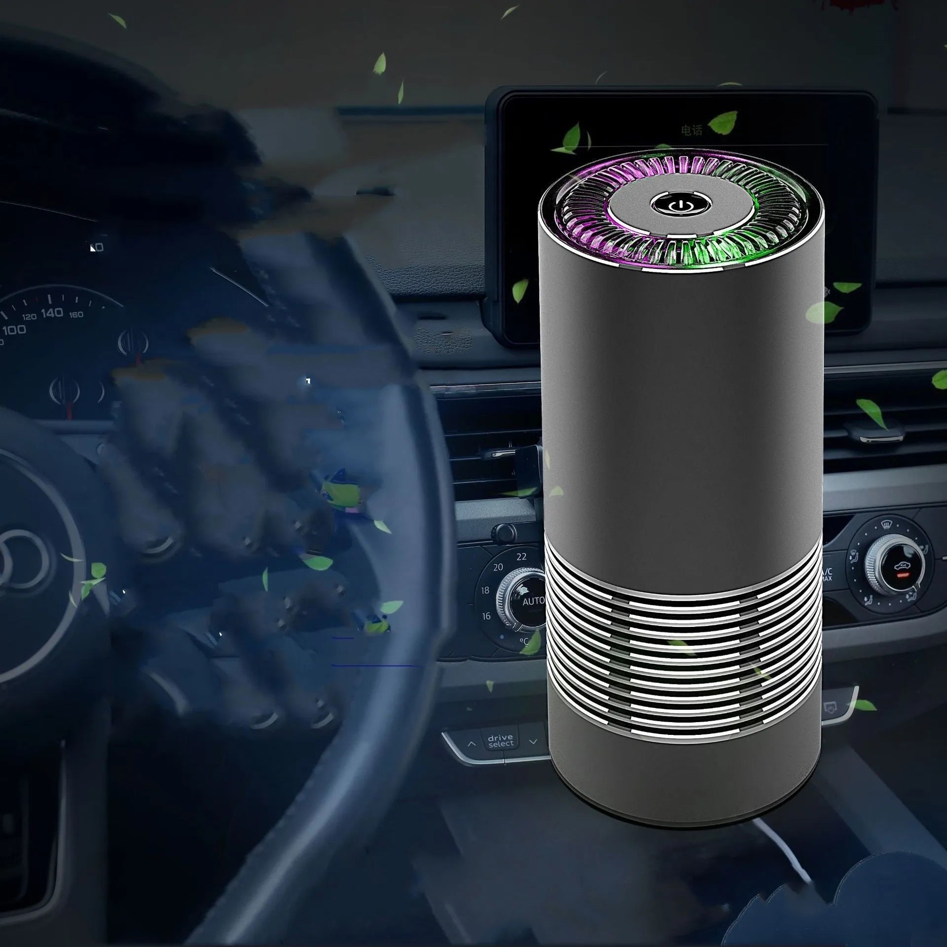 Compact cylindrical car air purifier in metallic grey showing 65mm diameter, with USB power cable.