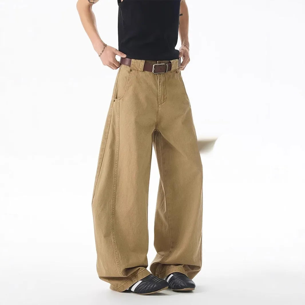 Brown Korean style loose fit men's casual jeans trousers with straight leg design