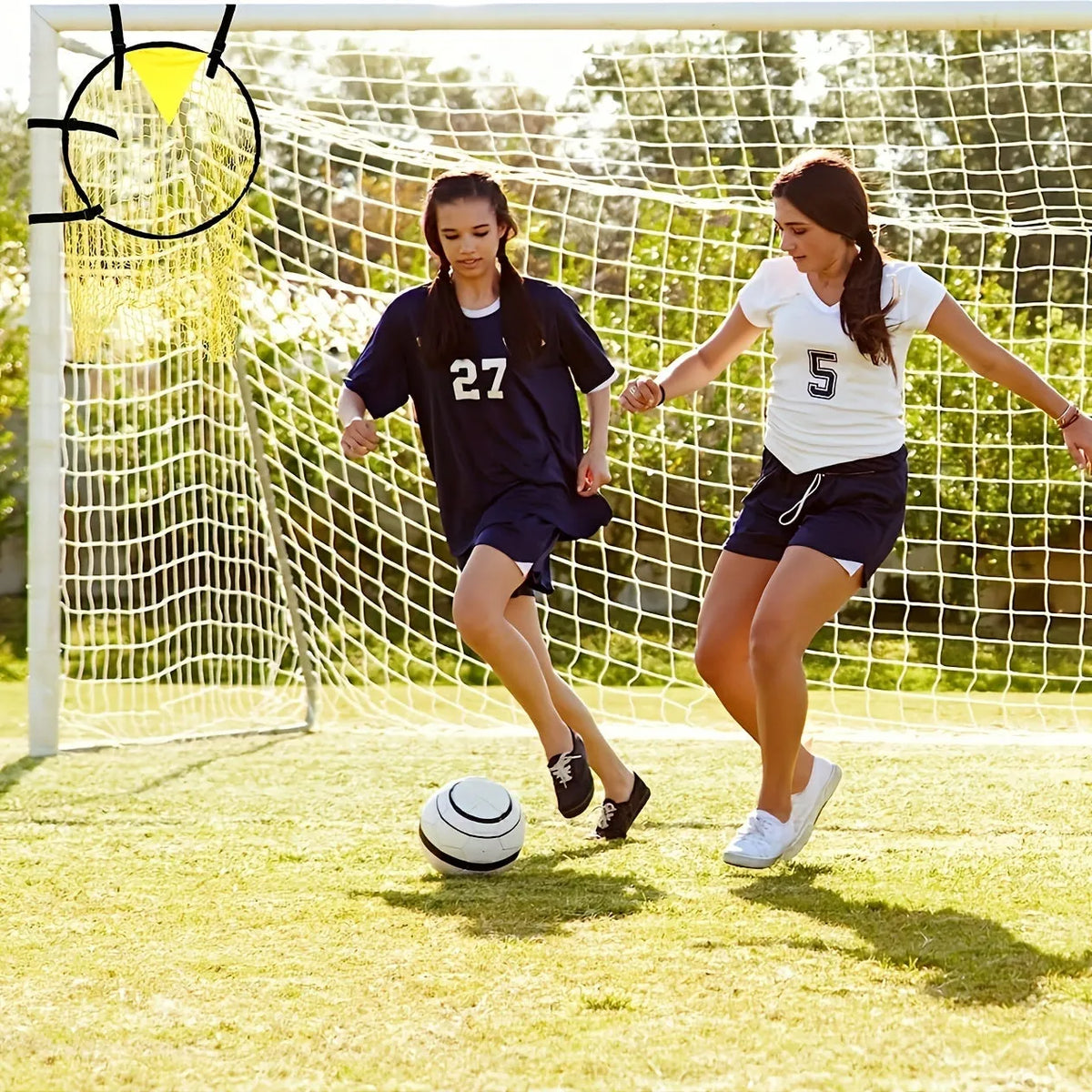 Portable soccer training goal net with adjustable tension system on foldable steel frame