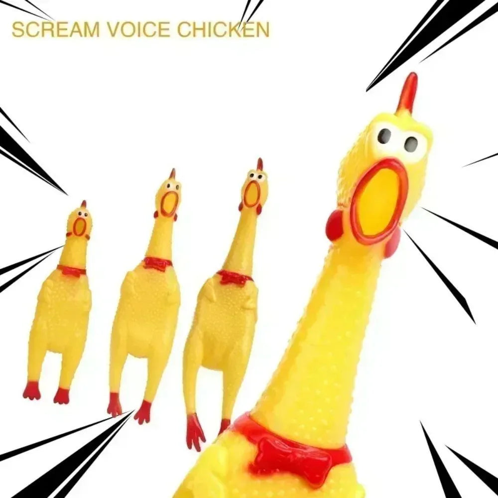 Yellow rubber squeaky chicken dog chew toy shown in small, medium, and large sizes.