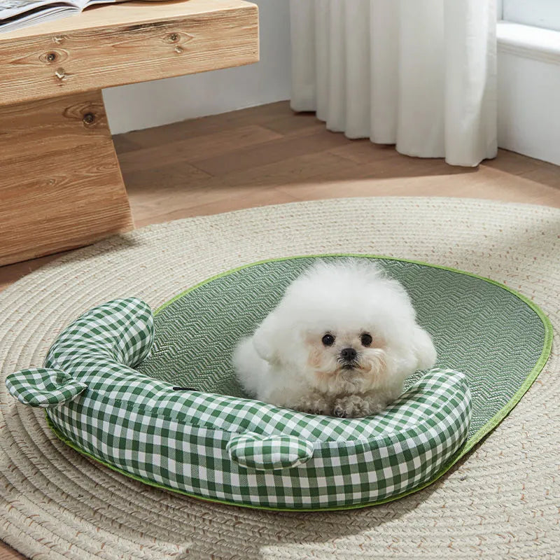 Green and yellow dog cooling mat pet bed showing four size options for small to large animals