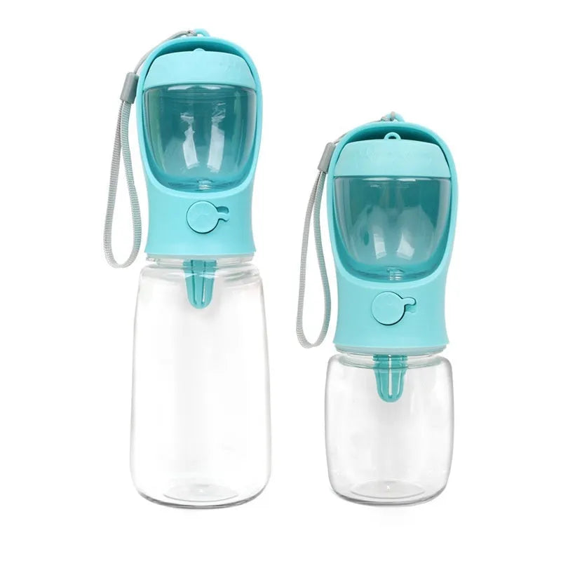 Blue portable plastic dog water bottle with attached drinking cup for walks