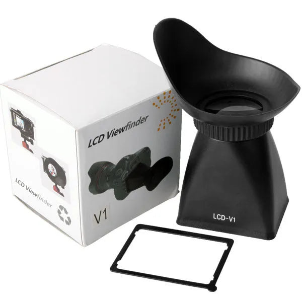 Black camera LCD viewfinder magnifier with magnetic quick-release attachment shown on a DSLR.
