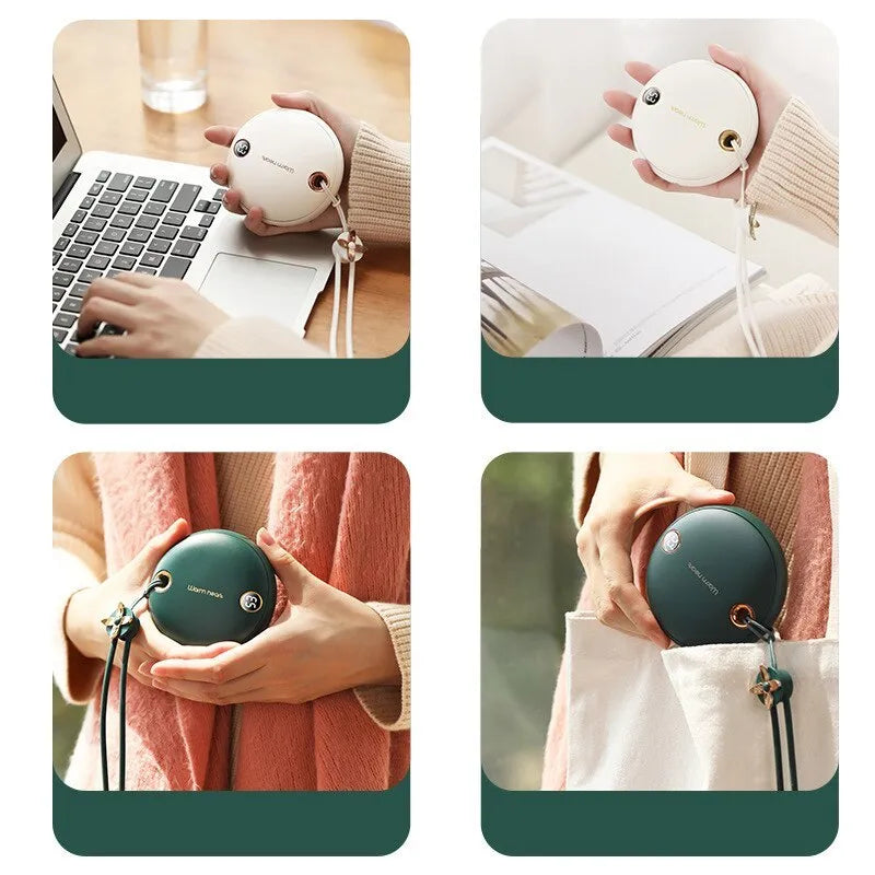 Green hand warmer power bank with digital display showing battery level, next to a charging cable.