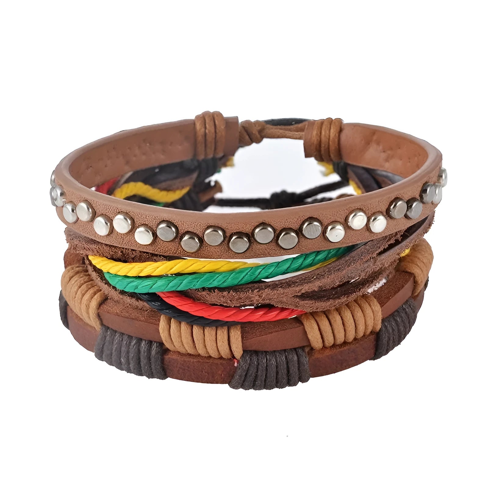 Men's handwoven leather bracelet with multilayer beads, adjustable closure and vintage punk style