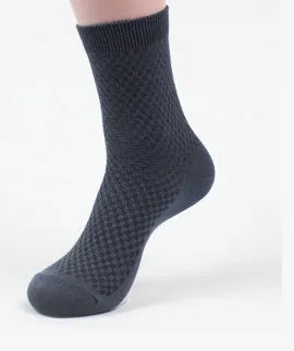 Men's bamboo fiber business socks in navy blue and grey with medium thickness knit and small square style pattern