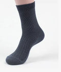 Men's bamboo fiber business socks in navy blue and grey with medium thickness knit and small square style pattern