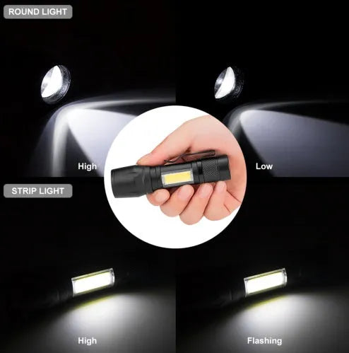Mini black aluminum alloy telescopic LED flashlight with pocket clip showing zoom adjustment