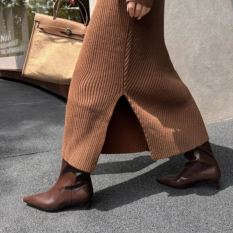 Women's pointed toe mid heel cowhide boots in brown or black, sizes 34-39, beef tendon sole