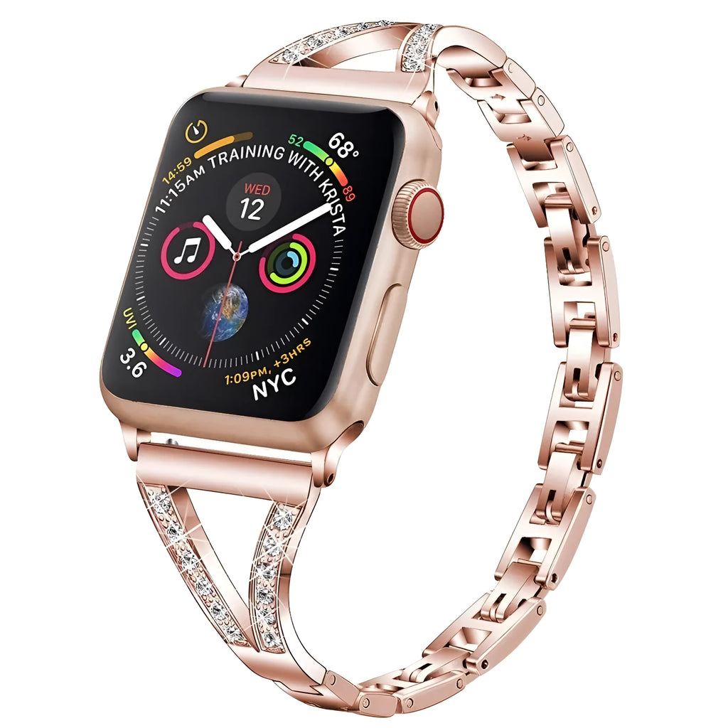 Stainless steel Apple Watch strap with diamond studs in multiple colour options.