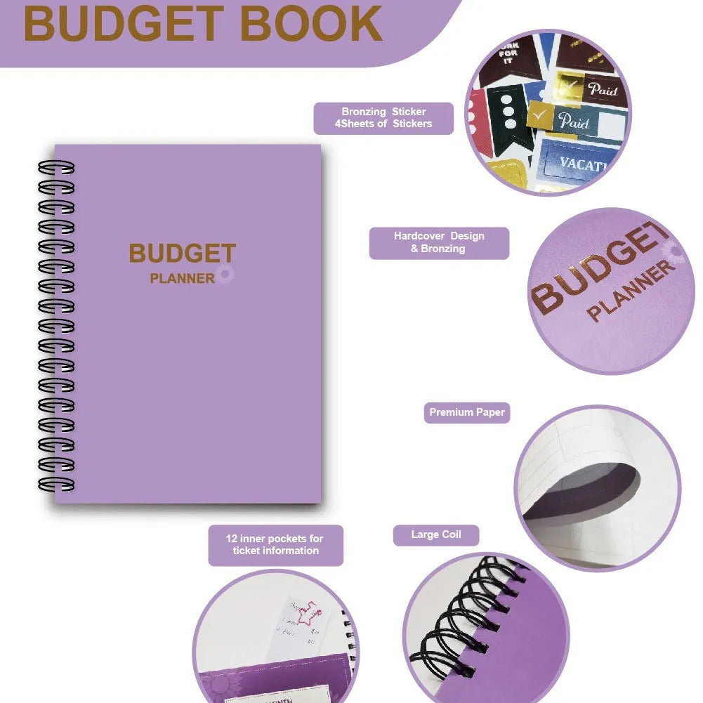 Purple coil-bound financial planning notebook with pen and stickers on a desk.