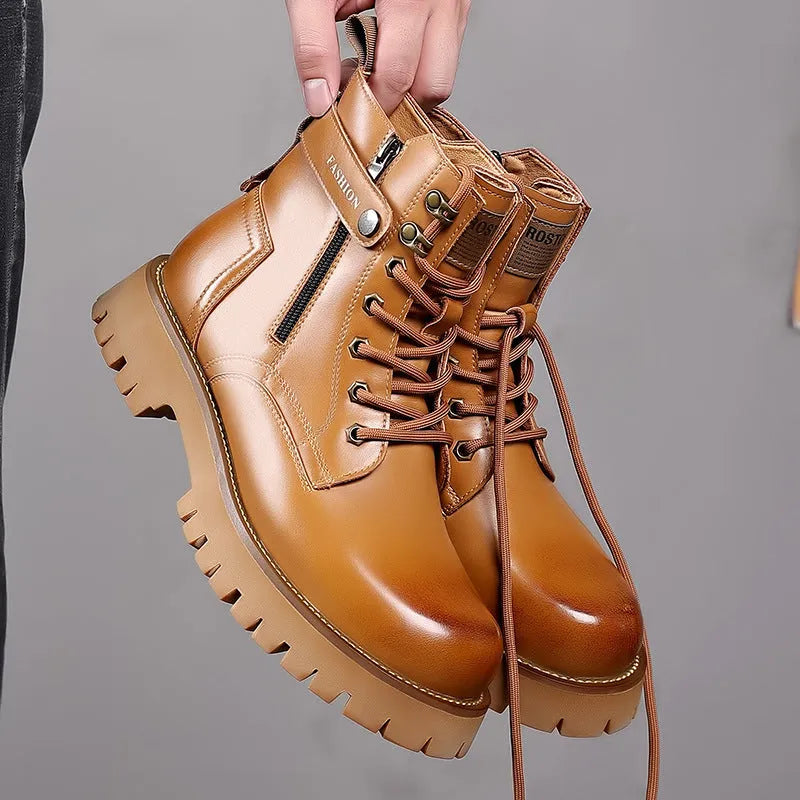 Men's light brown high-top Martin boots with a side zip and thick rubber sole on a plain background