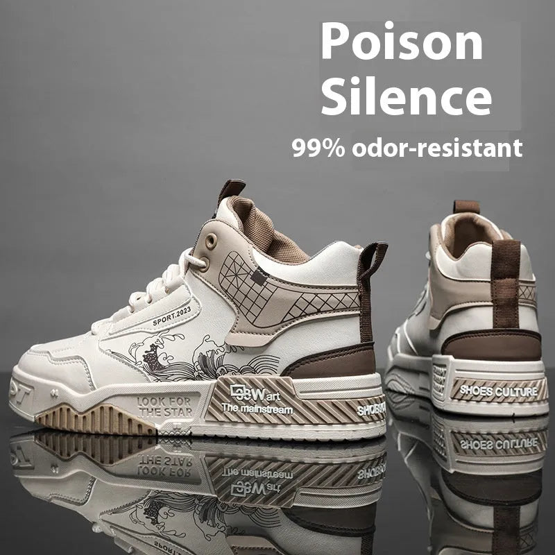 Men's beige, white, and blue high-top lace-up board sneakers on a white background.