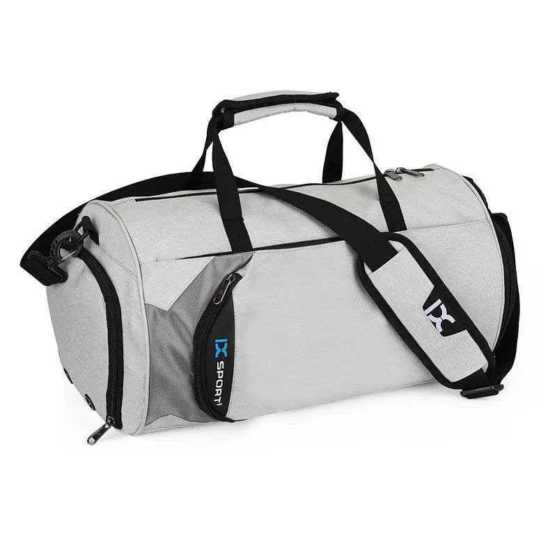 Men's waterproof nylon sports training bag in black or grey, large 45x26x26cm with dry wet separation and trolley strap, small 39x22x22cm