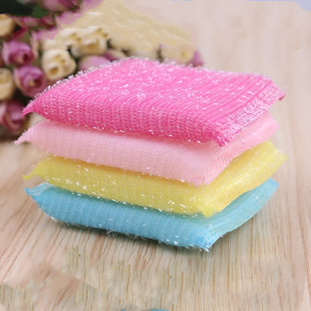 Pinstripe fabric dishwashing sponge mop in mixed macaron colours showing 12cm by 8.5cm dimensions