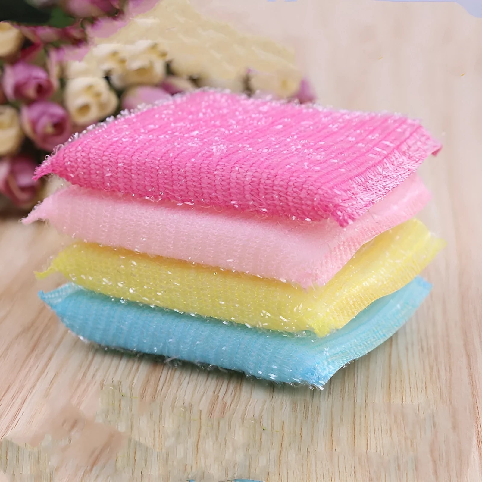 Pinstripe fabric dishwashing sponge mop in mixed macaron colours showing 12cm by 8.5cm dimensions