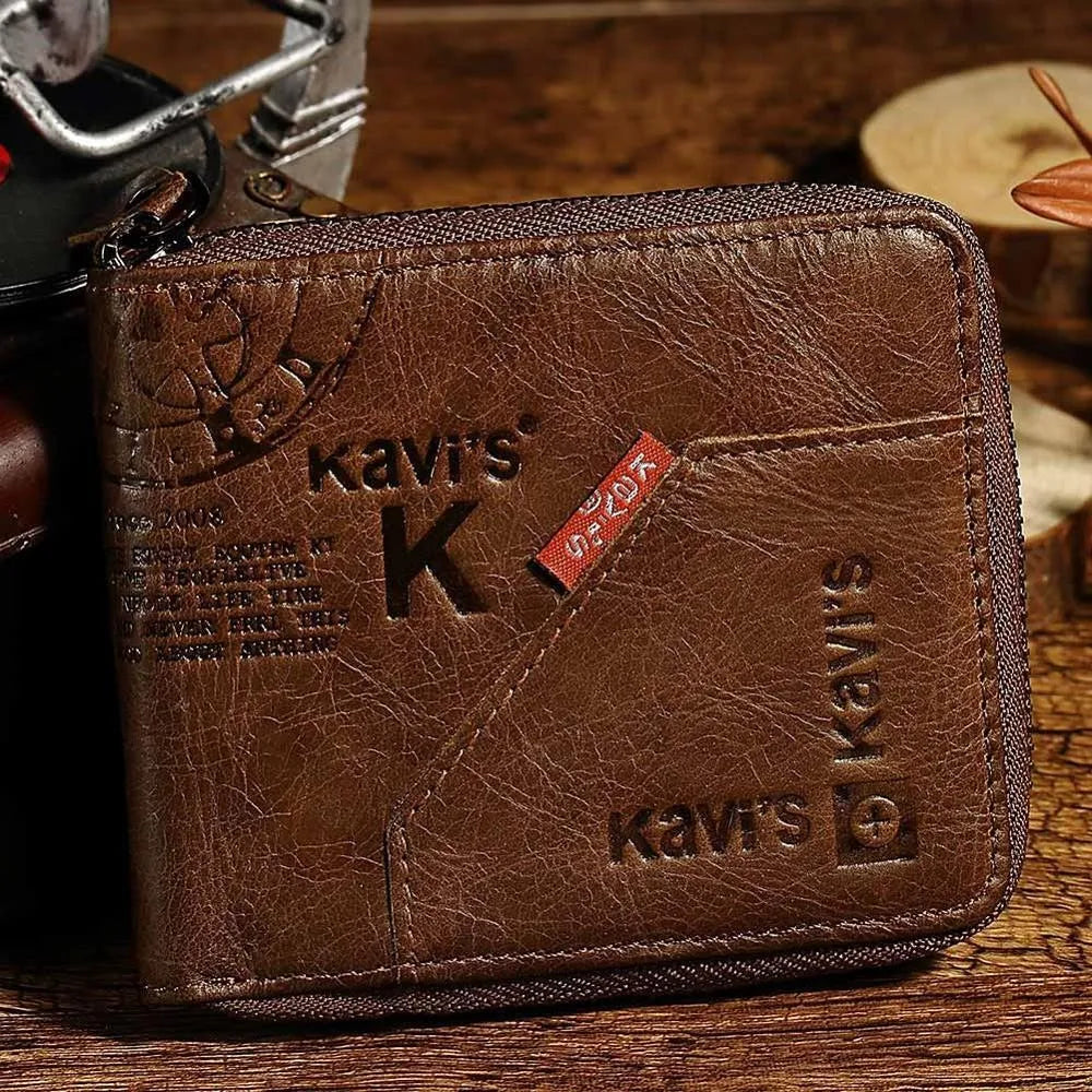 Coffee coloured genuine leather men's wallet with vintage locomotive design and multiple internal compartments