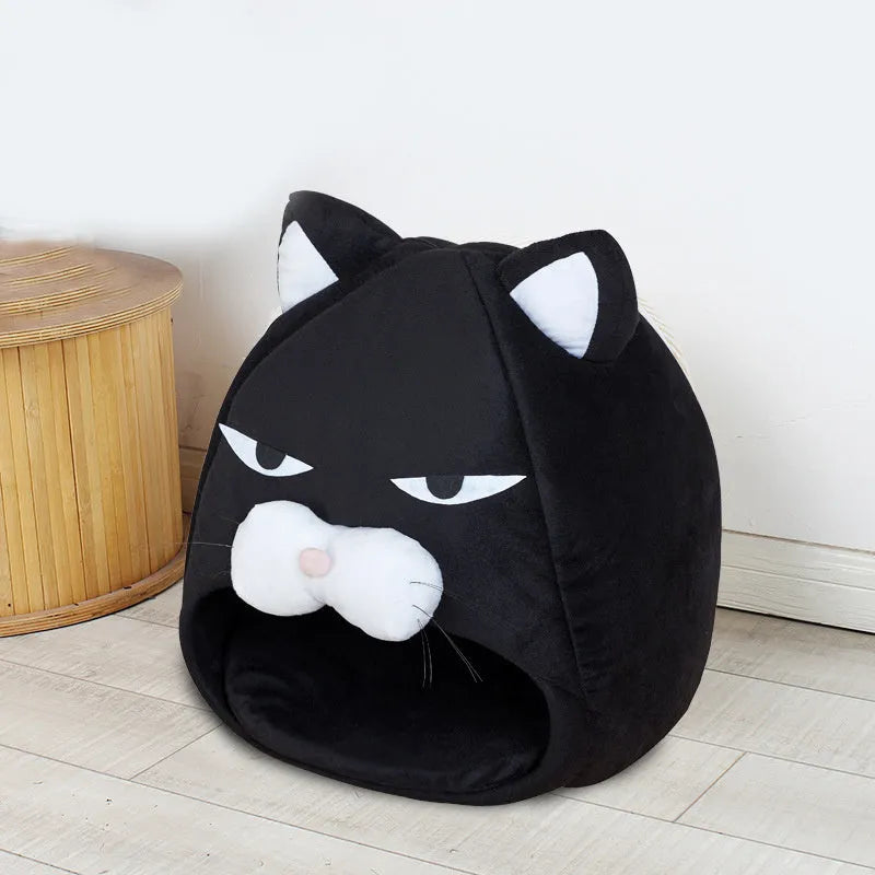 Black cube cat house bed in plush and waterproof nylon, 48cm or 38cm, removable and hand washable
