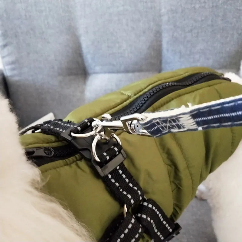Waterproof dog coat with integrated harness in rain silk fabric showing size range from XS to 4XL
