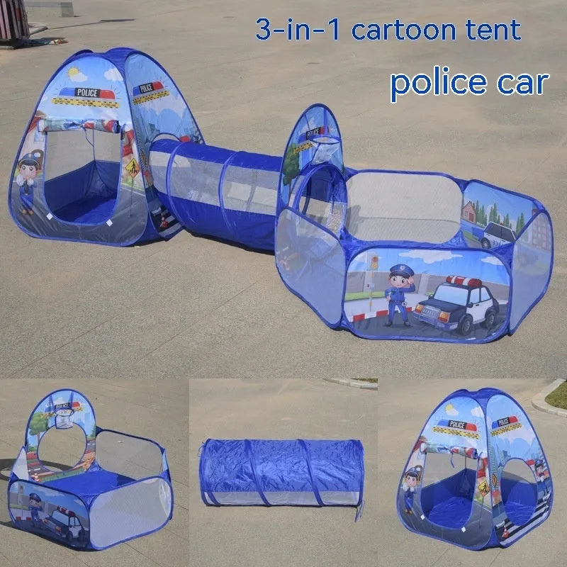 Colourful three-in-one children's play tent with ball pool and crawl tunnel in a marine cartoon theme.