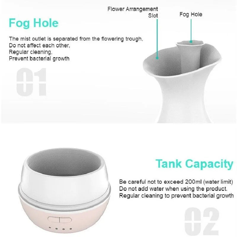 White or pink ultrasonic humidifier and essential oil diffuser vase with colourful LED night light.