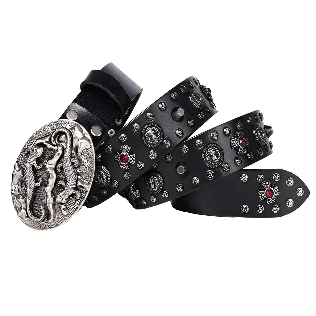 Men's black punk-style genuine leather belt with silver rivets and an alloy buckle.