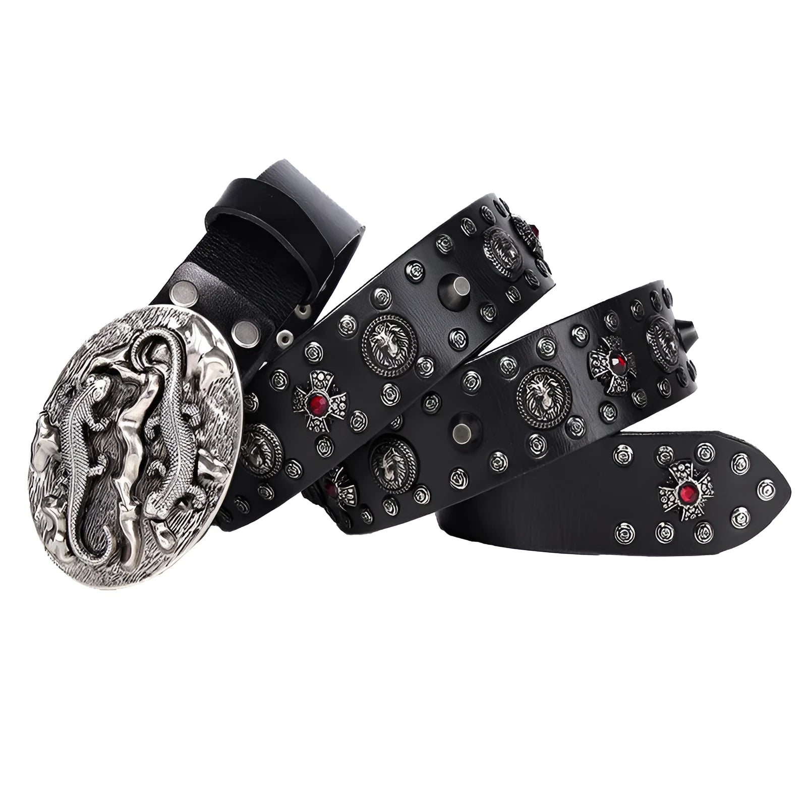 Men's black punk-style genuine leather belt with silver rivets and an alloy buckle.