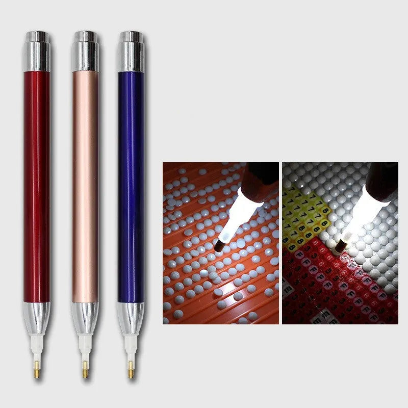 Luminous diamond painting drill pen with aluminium alloy body and metal frame in choice of colours