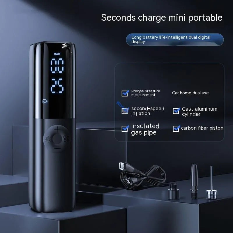 Black portable electric vehicle air pump with integrated tyre pressure gauge and ABS inflation tube