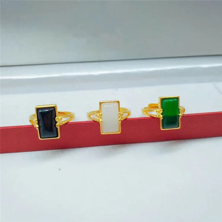 Brass gold-plated adjustable ring with gemstone inlay in national style design