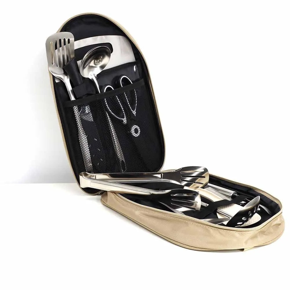 Khaki storage bag containing a 12-piece stainless steel picnic cutlery set for outdoor dining