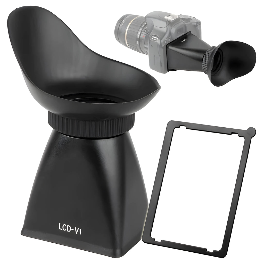 Black camera LCD viewfinder magnifier with magnetic quick-release attachment shown on a DSLR.