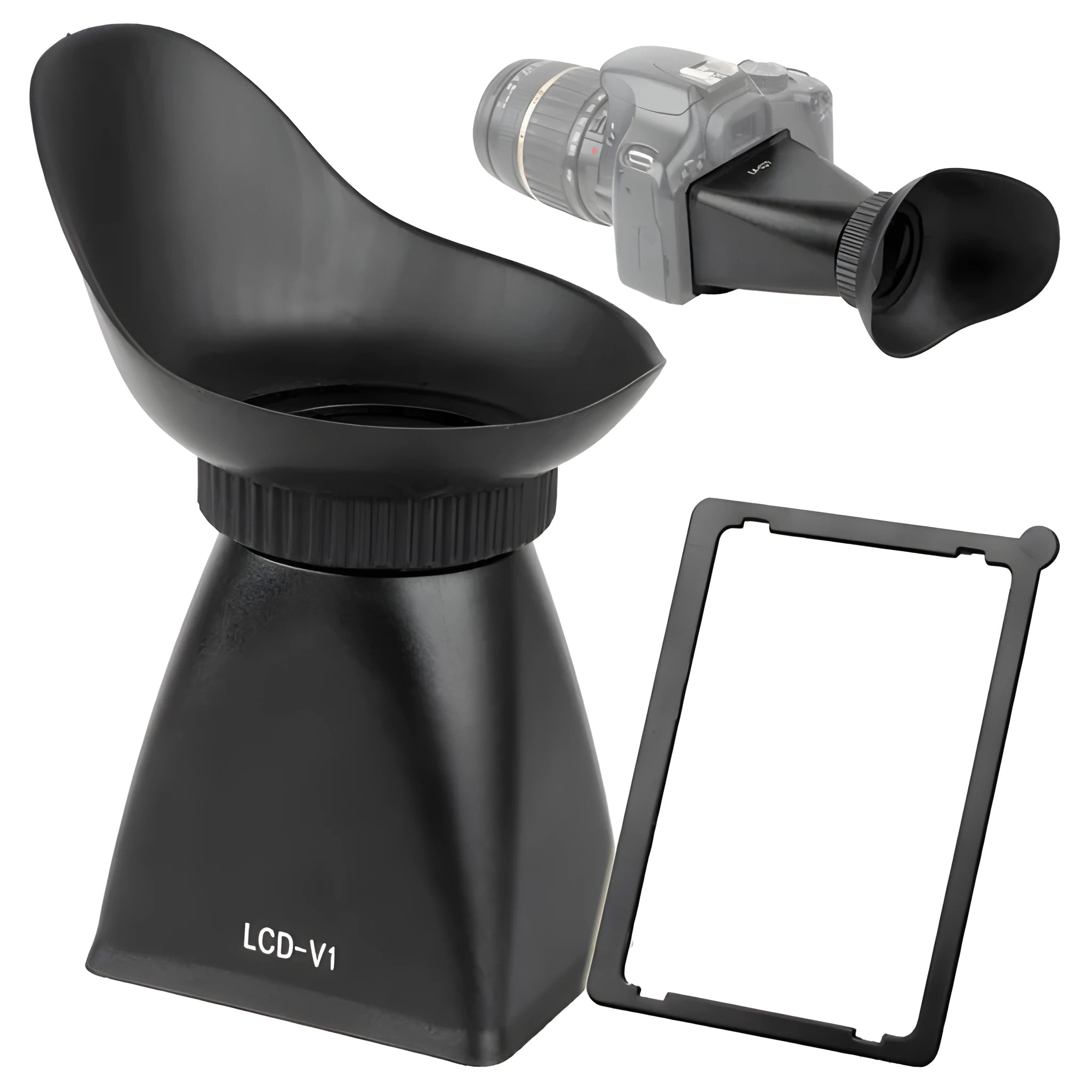 Black camera LCD viewfinder magnifier with magnetic quick-release attachment shown on a DSLR.