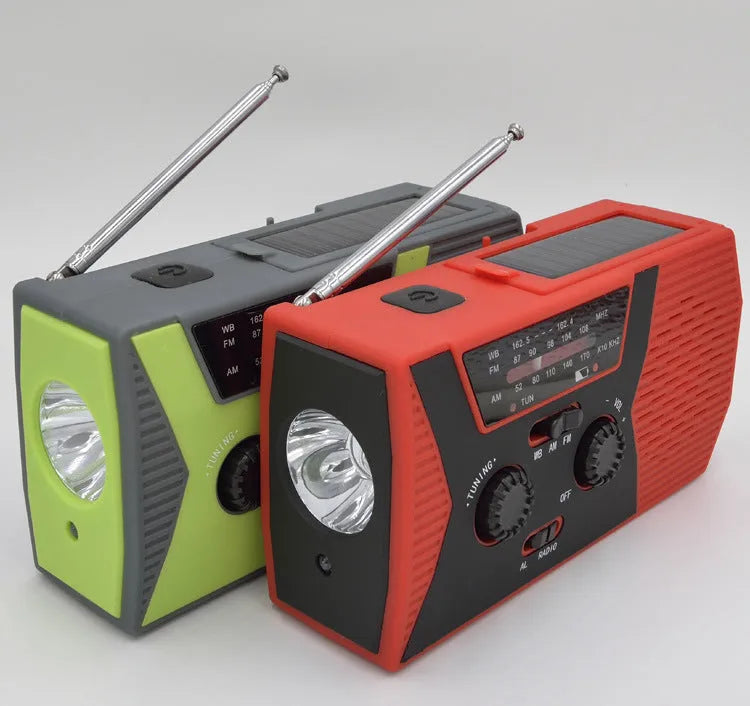 5 in 1 outdoor portable solar crank AM FM NOAA radio with LED flashlight, reading lamp, and power bank, available in green, orange, or red