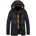 Men's black padded winter jacket with hood and double-breasted closure showing velvet lining