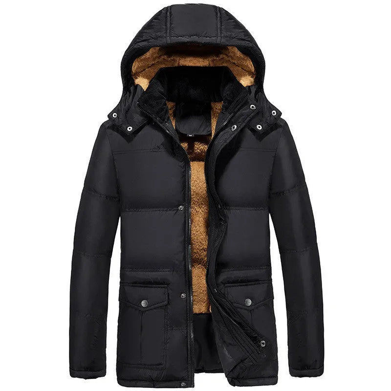 Men's black padded winter jacket with hood and double-breasted closure showing velvet lining