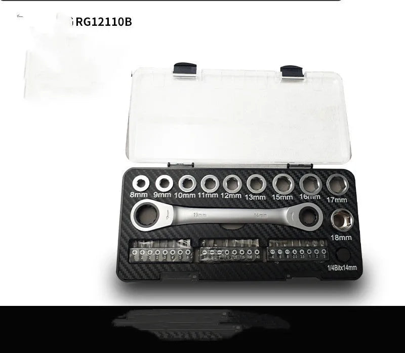 Dual-purpose ratchet wrench set with ten sockets and three bit heads laid out on a surface.