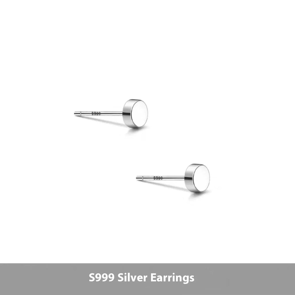 Sterling Silver S999 flat round ear bone studs in silver and black colours, showing size range from 3mm to 8mm.