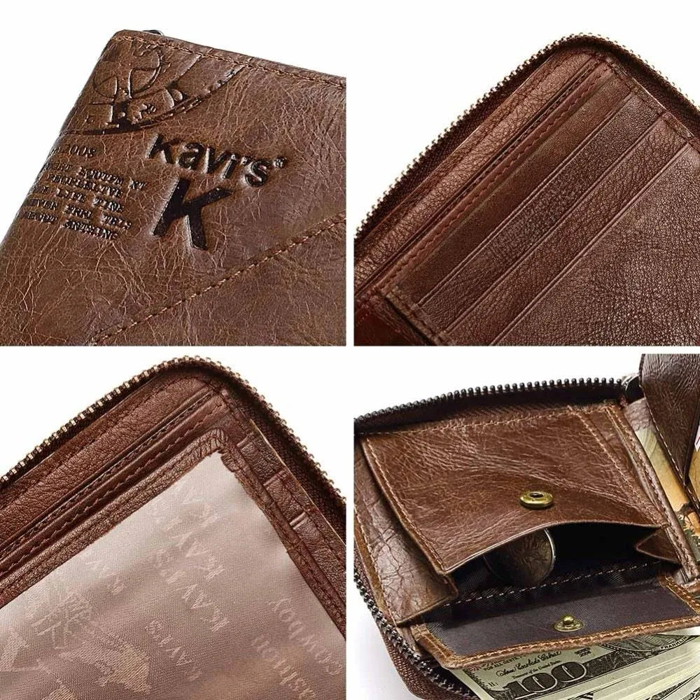 Coffee coloured genuine leather men's wallet with vintage locomotive design and multiple internal compartments