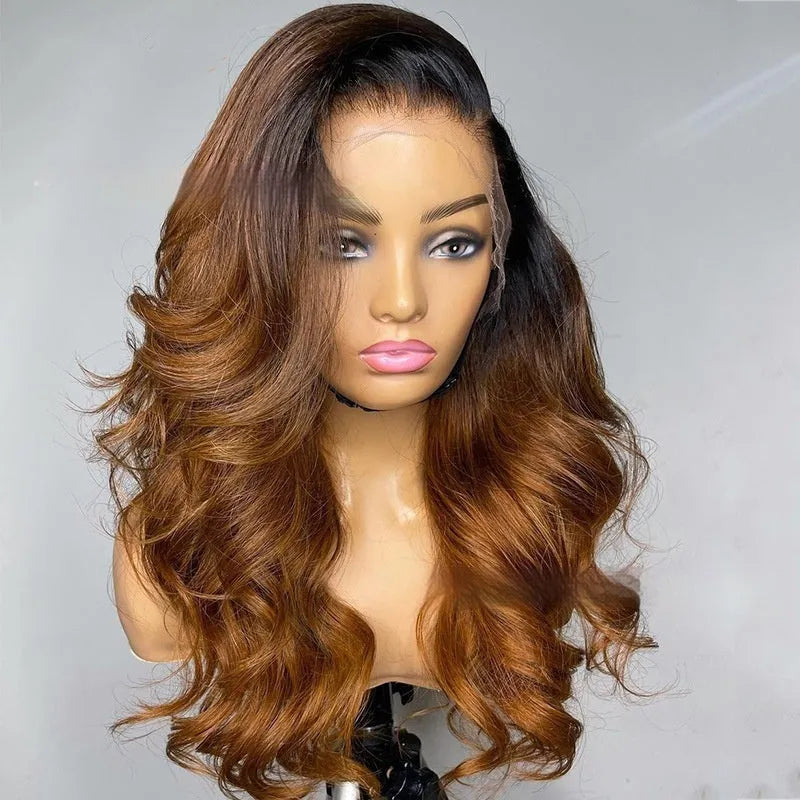 Human hair gradient wig with lace front cap in Ruili style, shown in a long length.