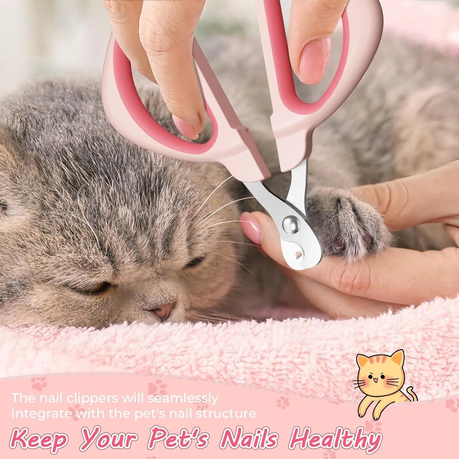 Blue cat nail clipper with a round positioning hole and stainless steel blade on a white background.