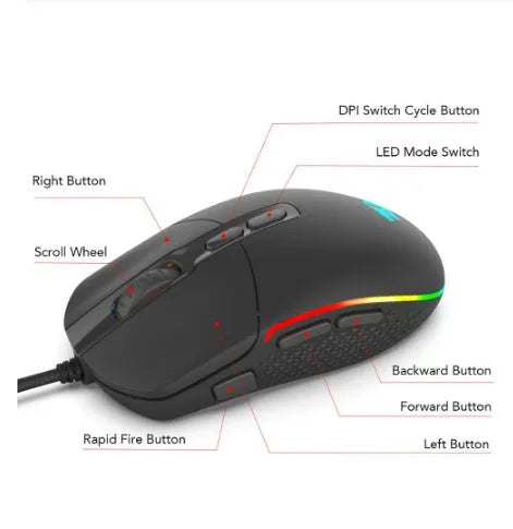 Black wired gaming mouse with 5000 DPI sensor, 9 buttons, USB cable and four-way scroll wheel for desktop PC