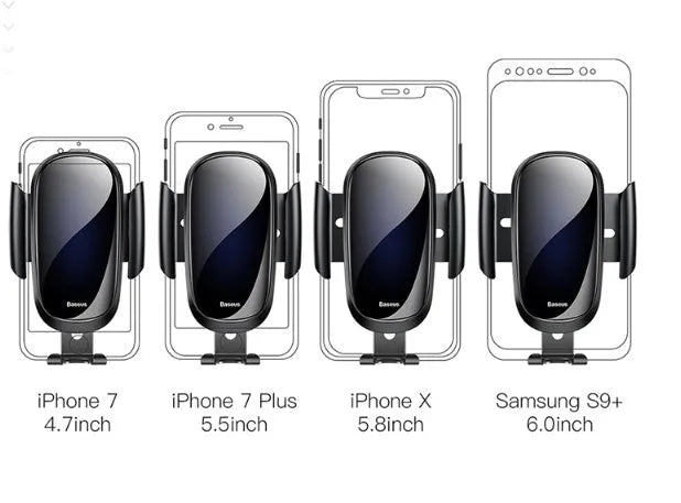 Universal adjustable car bracket smartphone holder in black, mounted on a car dashboard.